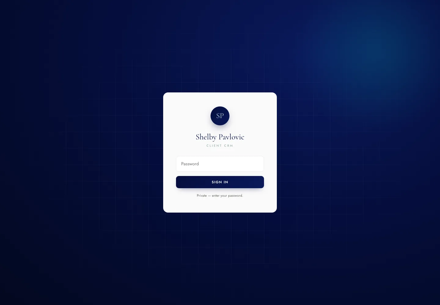 Shelby Pavlovic custom client CRM, sign-in screen